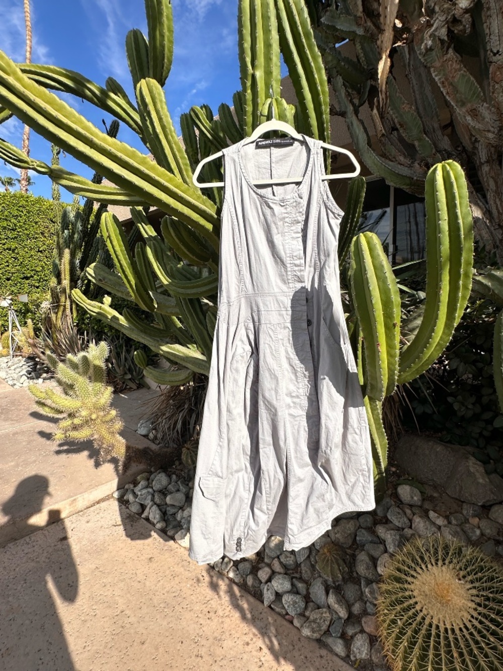 DESIGNER RUNDHOLZ Grey Cotton Utility Cargo Pocket Lagenlook Midi Tank Dress